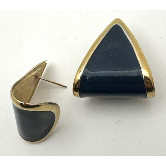 Vintage Navy Blue Enamel Triangle Clip on Earrings Gold Tone Retro Fash Career - Picture 4 of 5